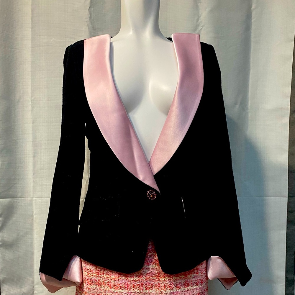 St John NWT Black and TuTu Pink Satin Blazer with Rhinestone Button